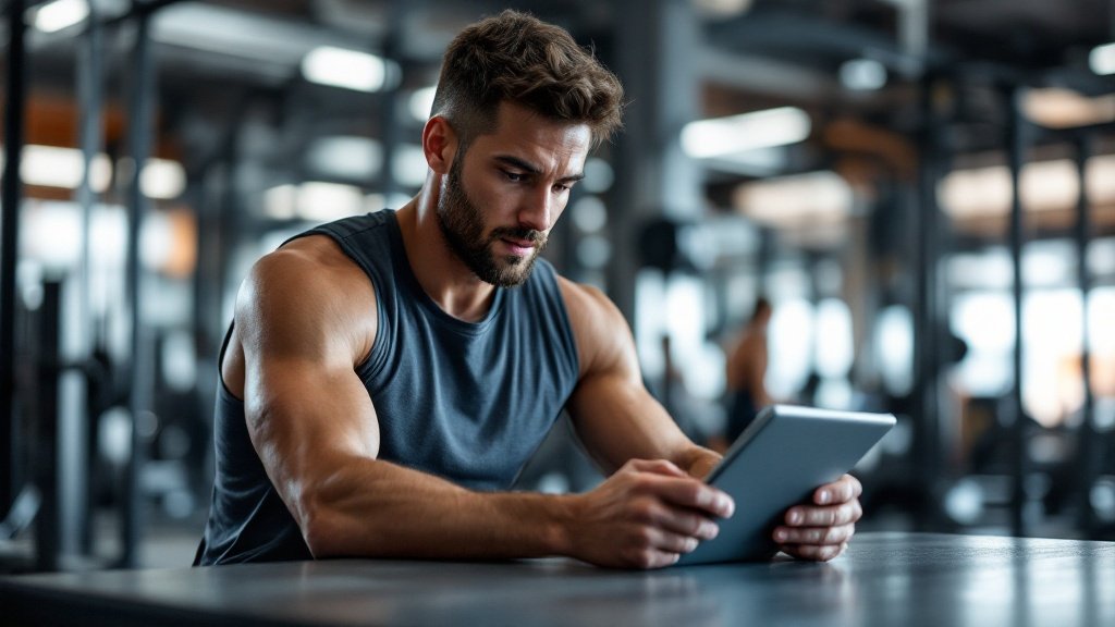 Coach reviewing client workout data on tablet